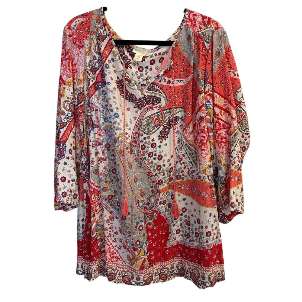 Lucy & Laurel Paisley Tie Neck Tassel Blouse 3/4 Sleeve Red Multi Size 1X